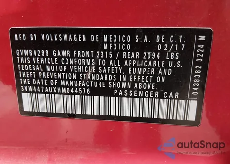 2017 Volkswagen Golf Gti Autobahn 4-Door/S 4-Door/Se 4-Door/Sport 4-Door from USA, damaged, VIN 3VW447AUXHM044576